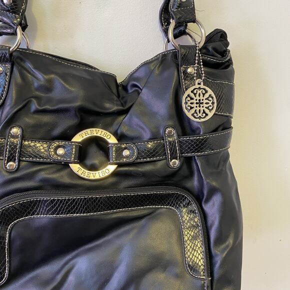 Vintage Y2K Treviso Black FauxLeather Shoulder Purse Snake Embossed Silver Logo - Picture 6 of 10